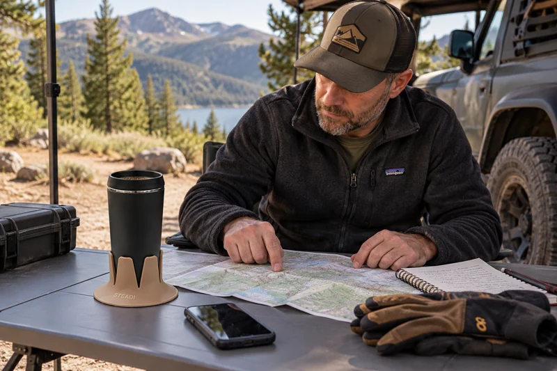 Adult reviewing route beside parked overland vehicle at camp with open narrow-base camp coffee cup in Steadi on level deployed camp worktable at vehicle with full support, engine off. AI illustration.