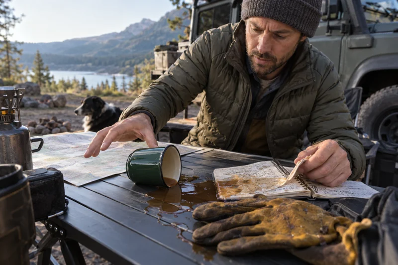 Reaching for map knocks coffee over camp table; it reaches route notebook and gloves. AI illustration.